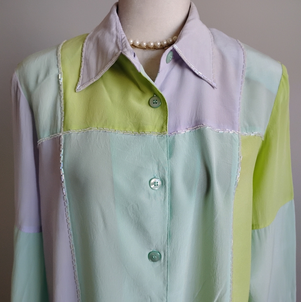 Diane Gilman Silk Beaded Button Up Blouse Pastel Chartreuse Lilac Size Medium - Picture 4 of 14
